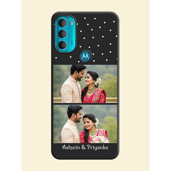 Miniature Love Symbols with Name on Space Black Custom Soft Matte Back Cover - Moto G71 5G Miniature Love Symbols with Name on Space Black Custom Soft Matte Back Cover - Moto G71 5G
