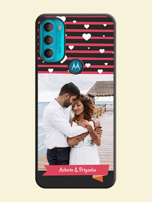 White Color Love Symbols with Pink Lines Pattern on Space Black Custom Soft Matte Phone Cases - Moto G71 5G