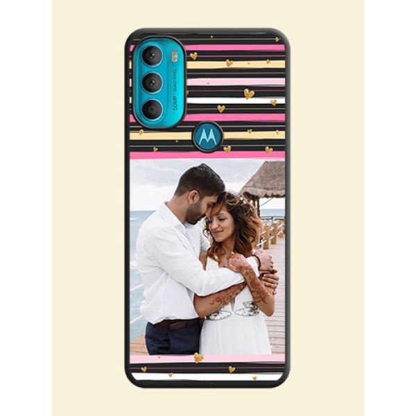 Multicolor Lines and Golden Love Symbols Design on Photo on Space Black Soft Matte Mobile Cover - Moto G71 5G Multicolor Lines and Golden Love Symbols Design on Photo on Space Black Soft Matte Mobile Cover - Moto G71 5G