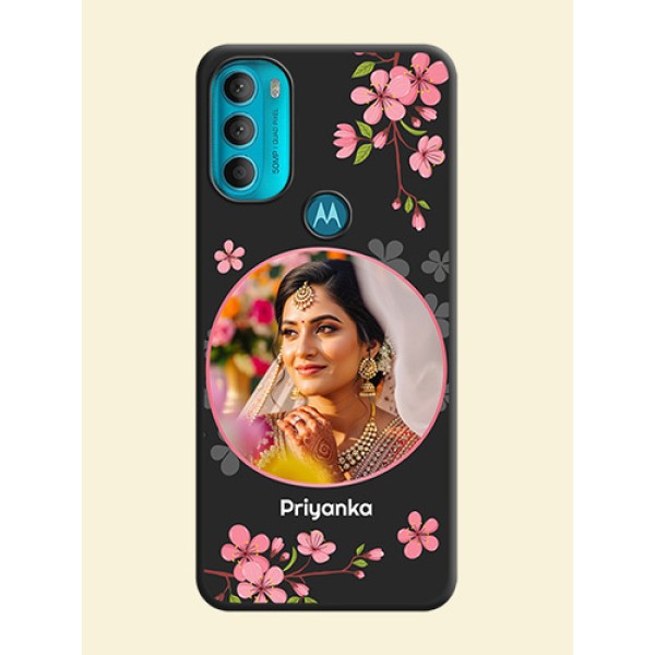 Round Image with Pink Color Floral Design on Photo on Space Black Soft Matte Back Cover - Moto G71 5G