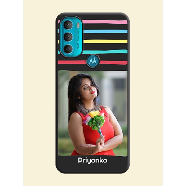 Multicolor Lines with Image on Space Black Personalized Soft Matte Phone Covers - Moto G71 5G Multicolor Lines with Image on Space Black Personalized Soft Matte Phone Covers - Moto G71 5G