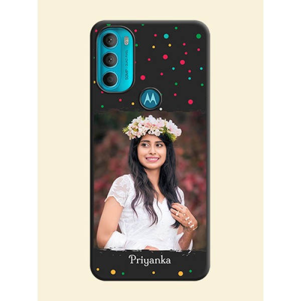 Multicolor Dotted Pattern with Text on Space Black Custom Soft Matte Phone Back Cover - Moto G71 5G Multicolor Dotted Pattern with Text on Space Black Custom Soft Matte Phone Back Cover - Moto G71 5G
