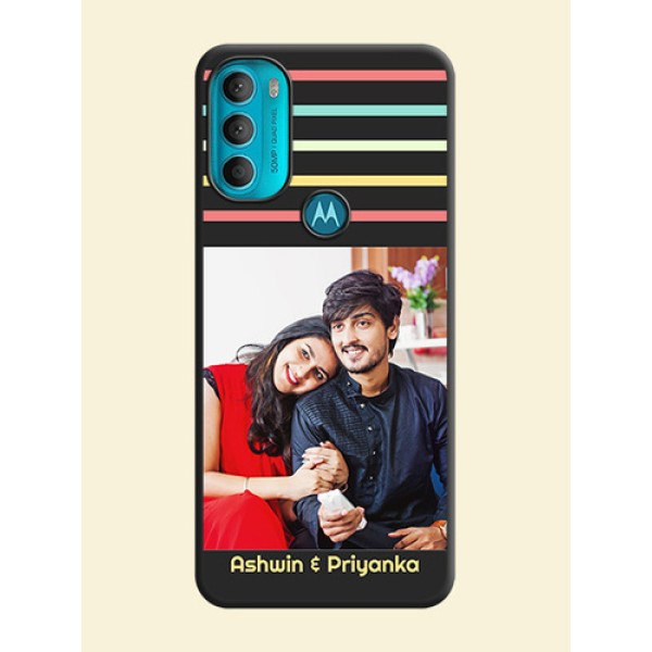 Color Stripes with Photo and Text on Photo on Space Black Soft Matte Mobile Case - Moto G71 5G Color Stripes with Photo and Text on Photo on Space Black Soft Matte Mobile Case - Moto G71 5G