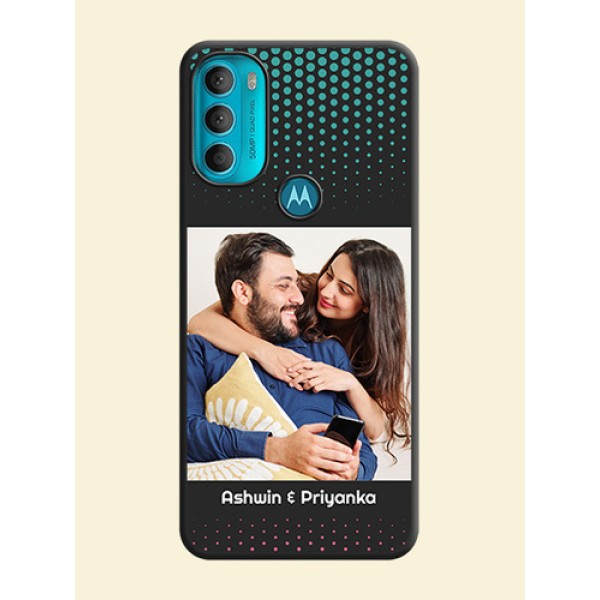 Faded Dots with Grunge Photo Frame and Text on Space Black Custom Soft Matte Phone Cases - Moto G71 5G Faded Dots with Grunge Photo Frame and Text on Space Black Custom Soft Matte Phone Cases - Moto G71 5G