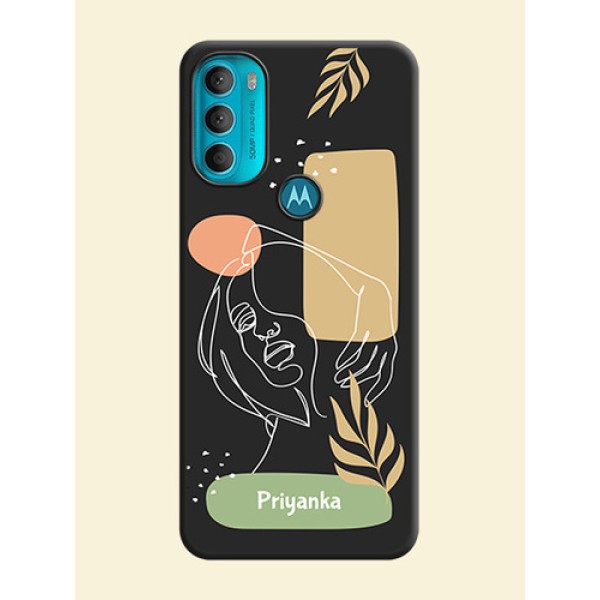 Custom Text With Line Art Of Women & Leaves Design On Space Black Personalized Soft Matte Phone Covers -Motorola Moto G71 5G Custom Text With Line Art Of Women & Leaves Design On Space Black Personalized Soft Matte Phone Covers -Motorola Moto G71 5G