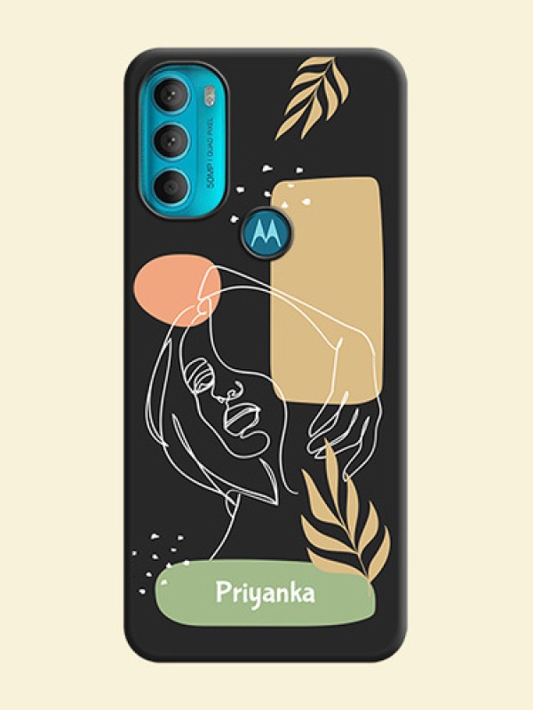 Custom Text With Line Art Of Women & Leaves Design On Space Black Personalized Soft Matte Phone Covers -Motorola Moto G71 5G