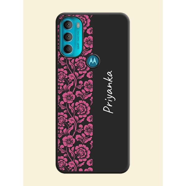 Pink Floral Pattern Design With Custom Text On Space Black Personalized Soft Matte Phone Covers -Motorola Moto G71 5G Pink Floral Pattern Design With Custom Text On Space Black Personalized Soft Matte Phone Covers -Motorola Moto G71 5G