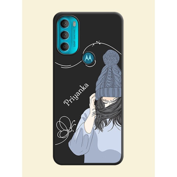 Girl With Blue Winter Outfiit Custom Text Design On Space Black Personalized Soft Matte Phone Covers -Motorola Moto G71 5G