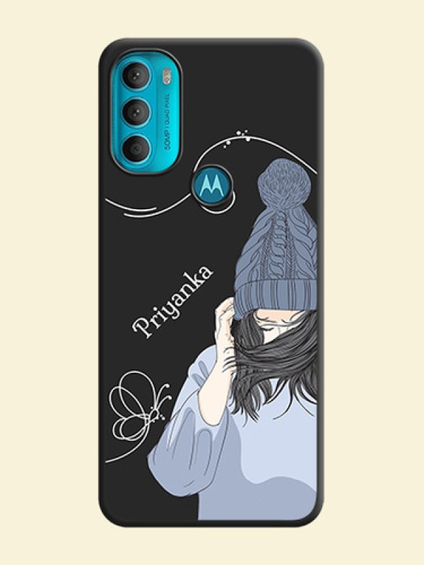 Girl With Blue Winter Outfiit Custom Text Design On Space Black Personalized Soft Matte Phone Covers -Motorola Moto G71 5G