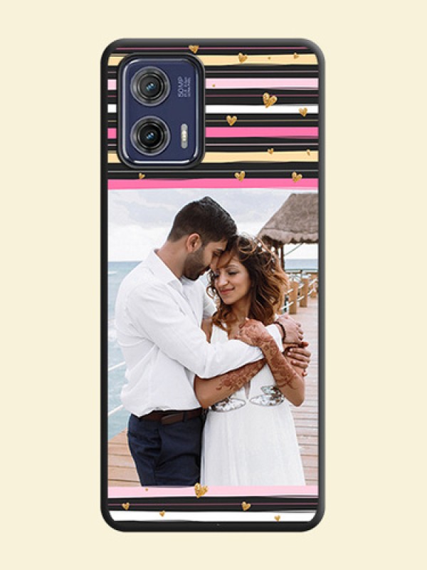Multicolor Lines and Golden Love Symbols Design on Photo on Space Black Soft Matte Mobile Cover - Moto G73 5G