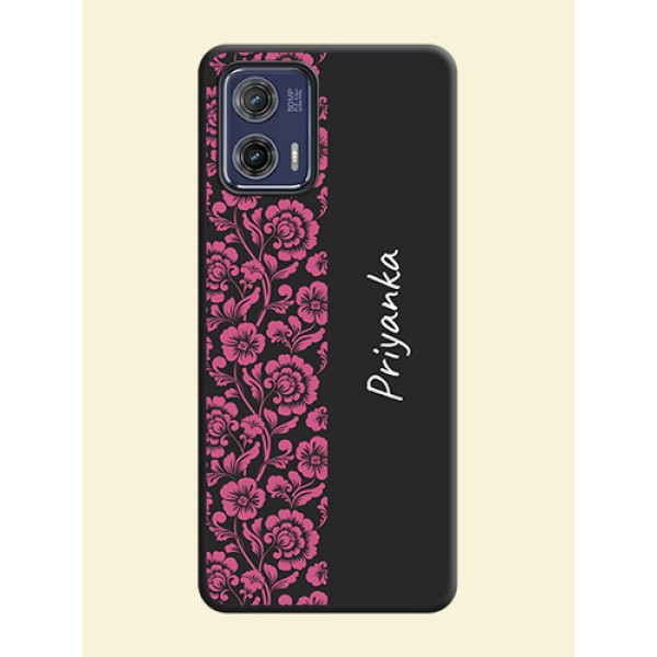 Pink Floral Pattern Design With Custom Text On Space Black Personalized Soft Matte Phone Covers -Motorola Moto G73 5G Pink Floral Pattern Design With Custom Text On Space Black Personalized Soft Matte Phone Covers -Motorola Moto G73 5G