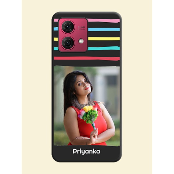 Multicolor Lines with Image on Space Black Personalized Soft Matte Phone Covers - Motorola Moto G84 5G Multicolor Lines with Image on Space Black Personalized Soft Matte Phone Covers - Motorola Moto G84 5G