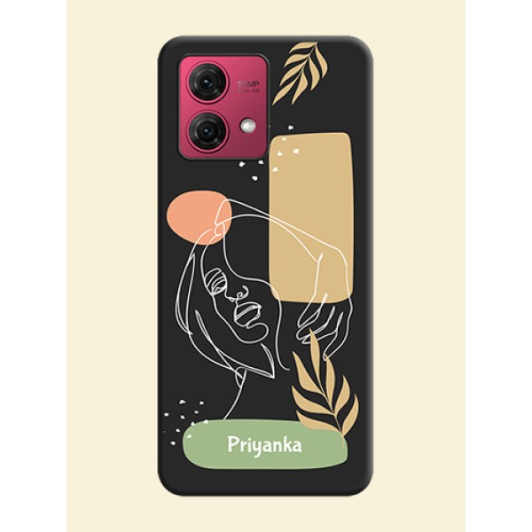 Custom Text With Line Art Of Women & Leaves Design On Space Black Personalized Soft Matte Phone Covers - Motorola Moto G84 5G