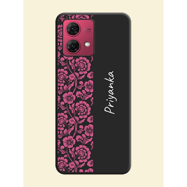 Pink Floral Pattern Design With Custom Text On Space Black Personalized Soft Matte Phone Covers - Motorola Moto G84 5G Pink Floral Pattern Design With Custom Text On Space Black Personalized Soft Matte Phone Covers - Motorola Moto G84 5G