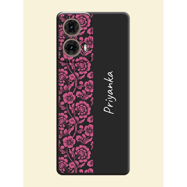 Pink Floral Pattern Design With Custom Text On Space Black Custom Soft Matte Mobile Back Cover - Motorola Moto G85 5G Pink Floral Pattern Design With Custom Text On Space Black Custom Soft Matte Mobile Back Cover - Motorola Moto G85 5G