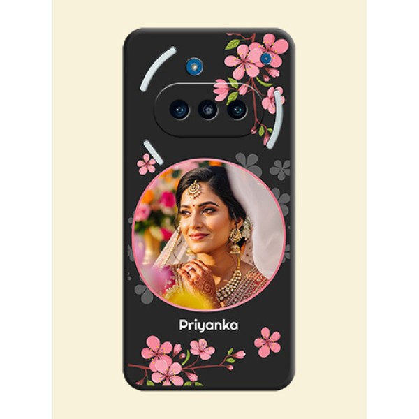 Round Image with Pink Color Floral Design on Photo On Space Black Custom Soft Matte Mobile Back Cover - Nothing Phone 3a 5G