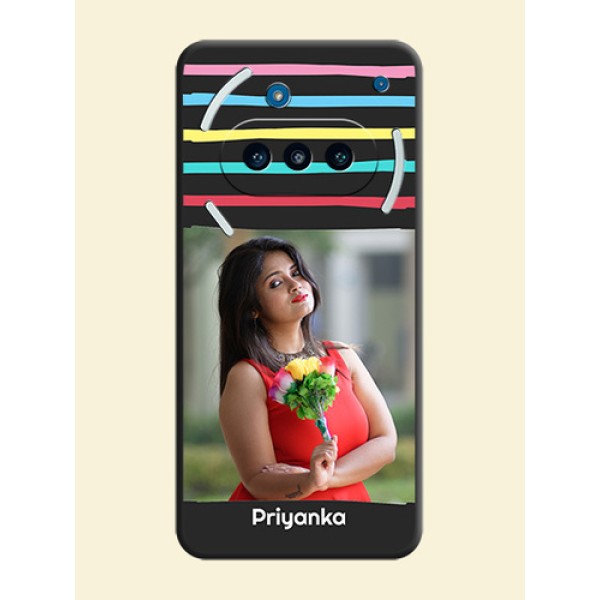 Multicolor Lines with Image On Space Black Custom Soft Matte Mobile Back Cover - Nothing Phone 3a 5G Multicolor Lines with Image On Space Black Custom Soft Matte Mobile Back Cover - Nothing Phone 3a 5G