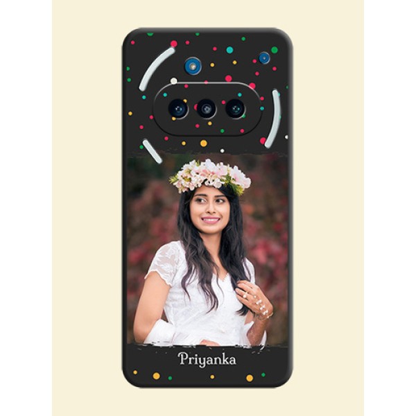 Multicolor Dotted Pattern with Text On Space Black Custom Soft Matte Mobile Back Cover - Nothing Phone 3a 5G Multicolor Dotted Pattern with Text On Space Black Custom Soft Matte Mobile Back Cover - Nothing Phone 3a 5G