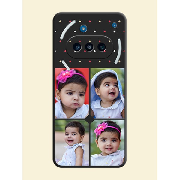 Multicolor Dotted Pattern with 4 Image Holder On Space Black Custom Soft Matte Mobile Back Cover - Nothing Phone 3a 5G Multicolor Dotted Pattern with 4 Image Holder On Space Black Custom Soft Matte Mobile Back Cover - Nothing Phone 3a 5G