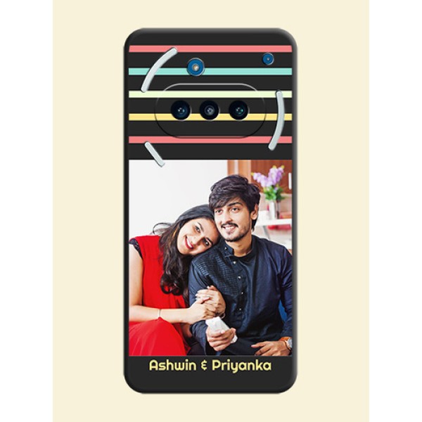Color Stripes with Photo and Text on Photo On Space Black Custom Soft Matte Mobile Back Cover - Nothing Phone 3a 5G Color Stripes with Photo and Text on Photo On Space Black Custom Soft Matte Mobile Back Cover - Nothing Phone 3a 5G