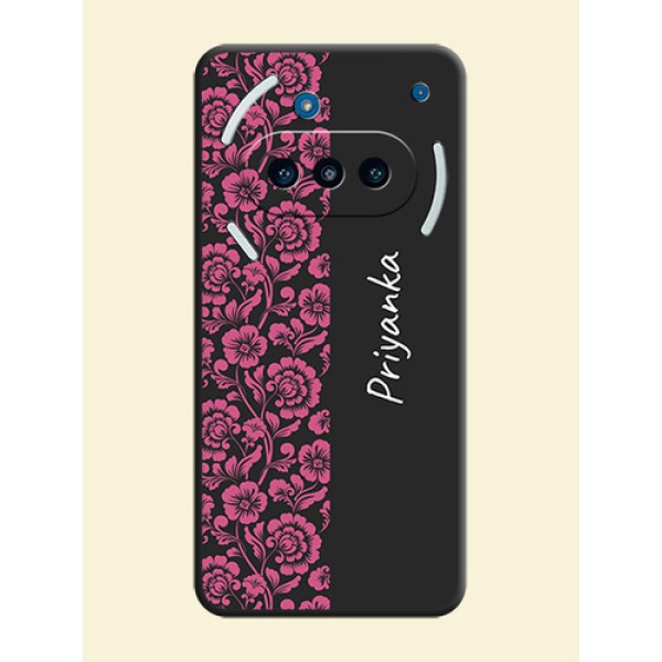 Pink Floral Pattern Design With Custom Text On Space Black Custom Soft Matte Mobile Back Cover - Nothing Phone 3a 5G Pink Floral Pattern Design With Custom Text On Space Black Custom Soft Matte Mobile Back Cover - Nothing Phone 3a 5G