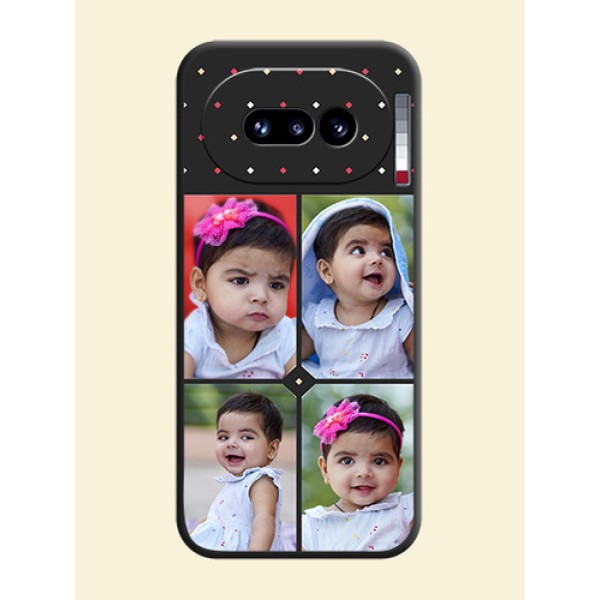 Multicolor Dotted Pattern with 4 Image Holder On Space Black Custom Soft Matte Mobile Back Cover - Nothing Phone 4A 5G Multicolor Dotted Pattern with 4 Image Holder On Space Black Custom Soft Matte Mobile Back Cover - Nothing Phone 4A 5G