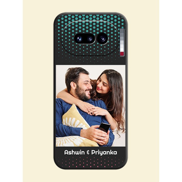 Faded Dots with Grunge Photo Frame and Text On Space Black Custom Soft Matte Mobile Back Cover - Nothing Phone 4A 5G Faded Dots with Grunge Photo Frame and Text On Space Black Custom Soft Matte Mobile Back Cover - Nothing Phone 4A 5G