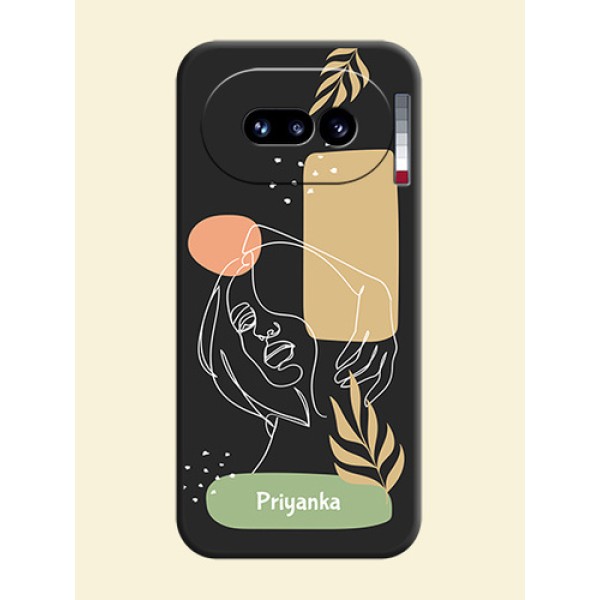 Custom Text With Line Art Of Women & Leaves Design On Space Black Custom Soft Matte Mobile Back Cover - Nothing Phone 4A 5G