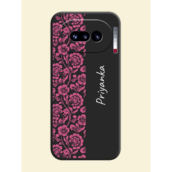 Pink Floral Pattern Design With Custom Text On Space Black Custom Soft Matte Mobile Back Cover - Nothing Phone 4A 5G Pink Floral Pattern Design With Custom Text On Space Black Custom Soft Matte Mobile Back Cover - Nothing Phone 4A 5G