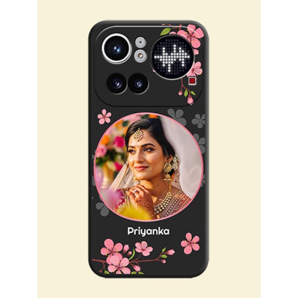 Round Image with Pink Color Floral Design on Photo On Space Black Custom Soft Matte Mobile Back Cover - Nothing Phone 4A Pro 5G