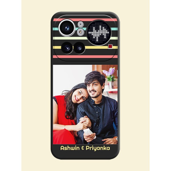 Color Stripes with Photo and Text on Photo On Space Black Custom Soft Matte Mobile Back Cover - Nothing Phone 4A Pro 5G Color Stripes with Photo and Text on Photo On Space Black Custom Soft Matte Mobile Back Cover - Nothing Phone 4A Pro 5G