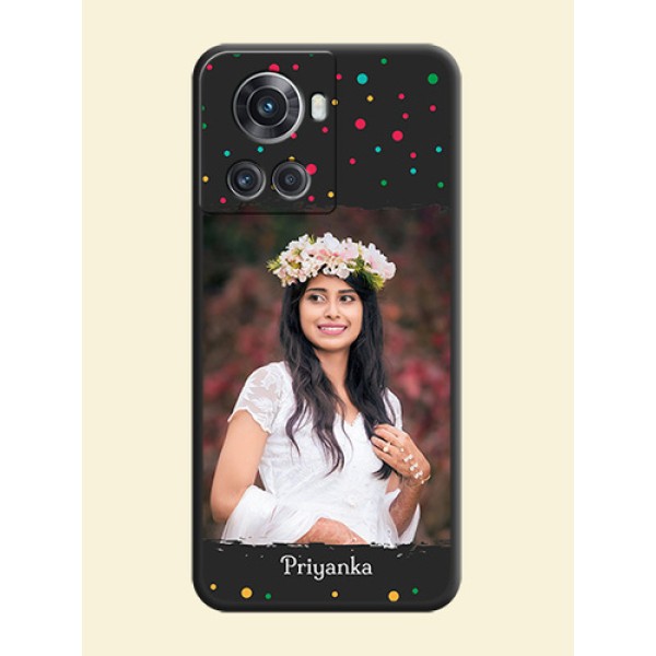Multicolor Dotted Pattern with Text on Space Black Custom Soft Matte Phone Back Cover - OnePlus 10R 5G Multicolor Dotted Pattern with Text on Space Black Custom Soft Matte Phone Back Cover - OnePlus 10R 5G