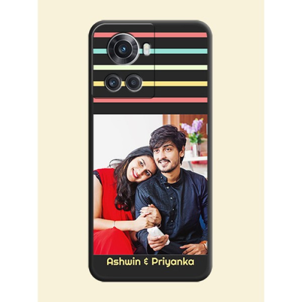 Color Stripes with Photo and Text on Photo on Space Black Soft Matte Mobile Case - OnePlus 10R 5G Color Stripes with Photo and Text on Photo on Space Black Soft Matte Mobile Case - OnePlus 10R 5G