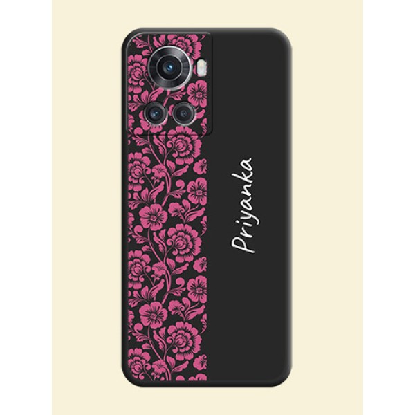 Pink Floral Pattern Design With Custom Text On Space Black Personalized Soft Matte Phone Covers -Oneplus 10R 5G Pink Floral Pattern Design With Custom Text On Space Black Personalized Soft Matte Phone Covers -Oneplus 10R 5G