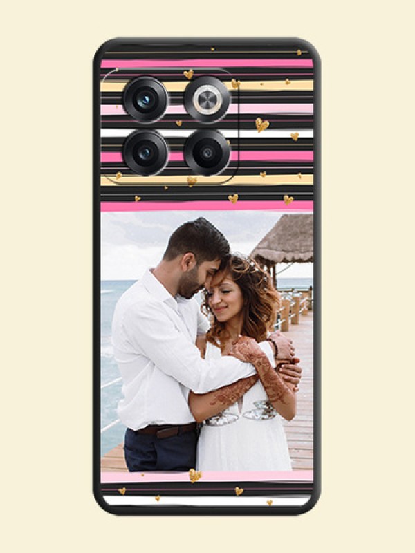 Multicolor Lines and Golden Love Symbols Design on Photo on Space Black Soft Matte Mobile Cover - OnePlus 10T 5G