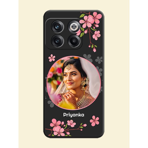 Round Image with Pink Color Floral Design on Photo on Space Black Soft Matte Back Cover - OnePlus 10T 5G