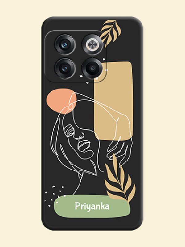 Custom Text With Line Art Of Women & Leaves Design On Space Black Personalized Soft Matte Phone Covers -Oneplus 10T 5G