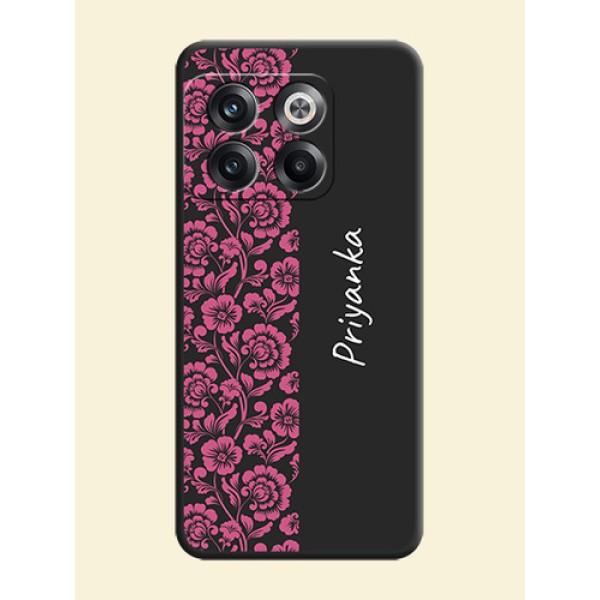 Pink Floral Pattern Design With Custom Text On Space Black Personalized Soft Matte Phone Covers -Oneplus 10T 5G Pink Floral Pattern Design With Custom Text On Space Black Personalized Soft Matte Phone Covers -Oneplus 10T 5G