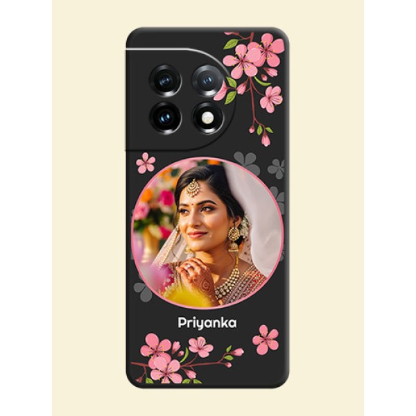 Round Image with Pink Color Floral Design on Photo on Space Black Soft Matte Back Cover - OnePlus 11 5G