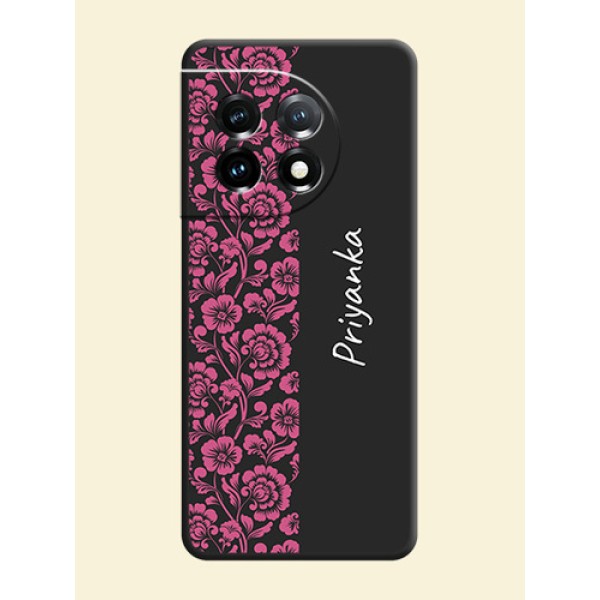 Pink Floral Pattern Design With Custom Text On Space Black Personalized Soft Matte Phone Covers -Oneplus 11 5G Pink Floral Pattern Design With Custom Text On Space Black Personalized Soft Matte Phone Covers -Oneplus 11 5G