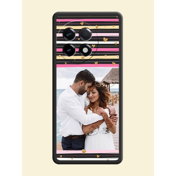 Multicolor Lines and Golden Love Symbols Design on Photo on Space Black Soft Matte Mobile Cover - OnePlus 11R 5G Multicolor Lines and Golden Love Symbols Design on Photo on Space Black Soft Matte Mobile Cover - OnePlus 11R 5G