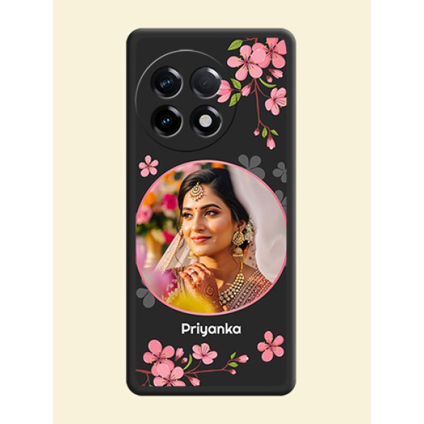 Round Image with Pink Color Floral Design on Photo on Space Black Soft Matte Back Cover - OnePlus 11R 5G