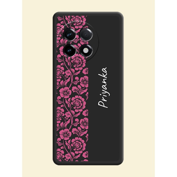 Pink Floral Pattern Design With Custom Text On Space Black Personalized Soft Matte Phone Covers -Oneplus 11R 5G Pink Floral Pattern Design With Custom Text On Space Black Personalized Soft Matte Phone Covers -Oneplus 11R 5G