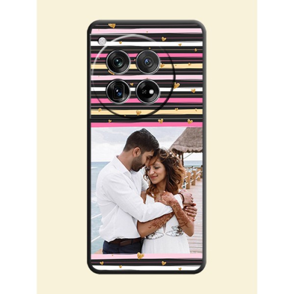 Multicolor Lines and Golden Love Symbols Design on Photo On Space Black Custom Soft Matte Mobile Back Cover - OnePlus 12 5G