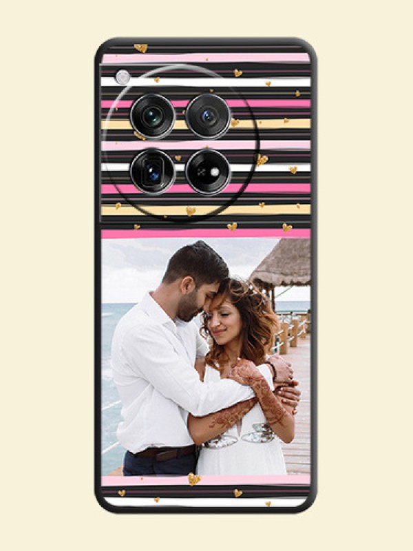Multicolor Lines and Golden Love Symbols Design on Photo On Space Black Custom Soft Matte Mobile Back Cover - OnePlus 12 5G