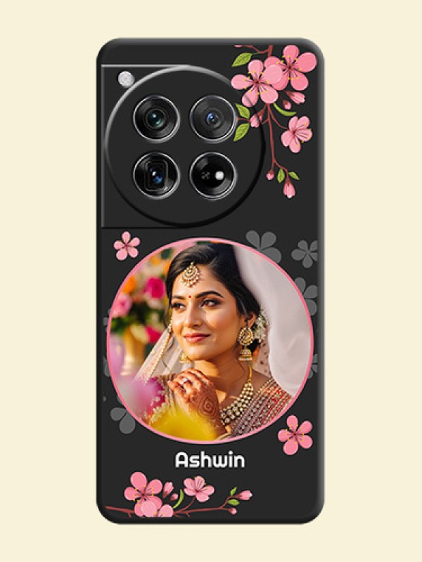 Round Image with Pink Color Floral Design on Photo On Space Black Custom Soft Matte Mobile Back Cover - OnePlus 12 5G