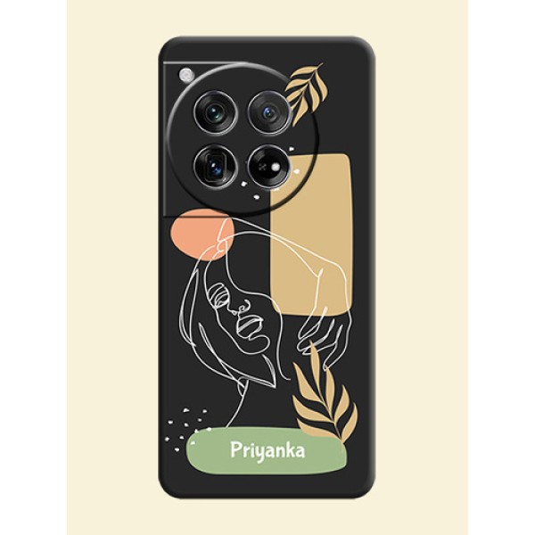 Custom Text With Line Art Of Women & Leaves Design On Space Black Custom Soft Matte Mobile Back Cover - OnePlus 12 5G
