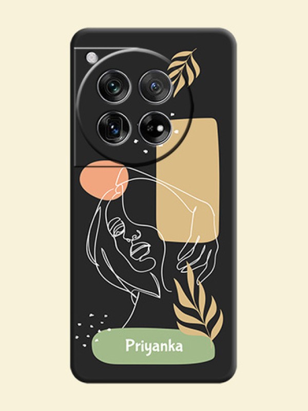 Custom Text With Line Art Of Women & Leaves Design On Space Black Custom Soft Matte Mobile Back Cover - OnePlus 12 5G