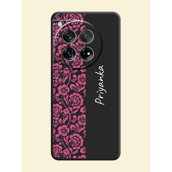 Pink Floral Pattern Design With Custom Text On Space Black Custom Soft Matte Mobile Back Cover - OnePlus 12 5G Pink Floral Pattern Design With Custom Text On Space Black Custom Soft Matte Mobile Back Cover - OnePlus 12 5G