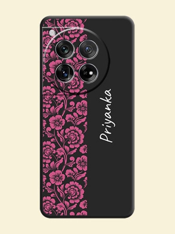 Pink Floral Pattern Design With Custom Text On Space Black Custom Soft Matte Mobile Back Cover - OnePlus 12 5G